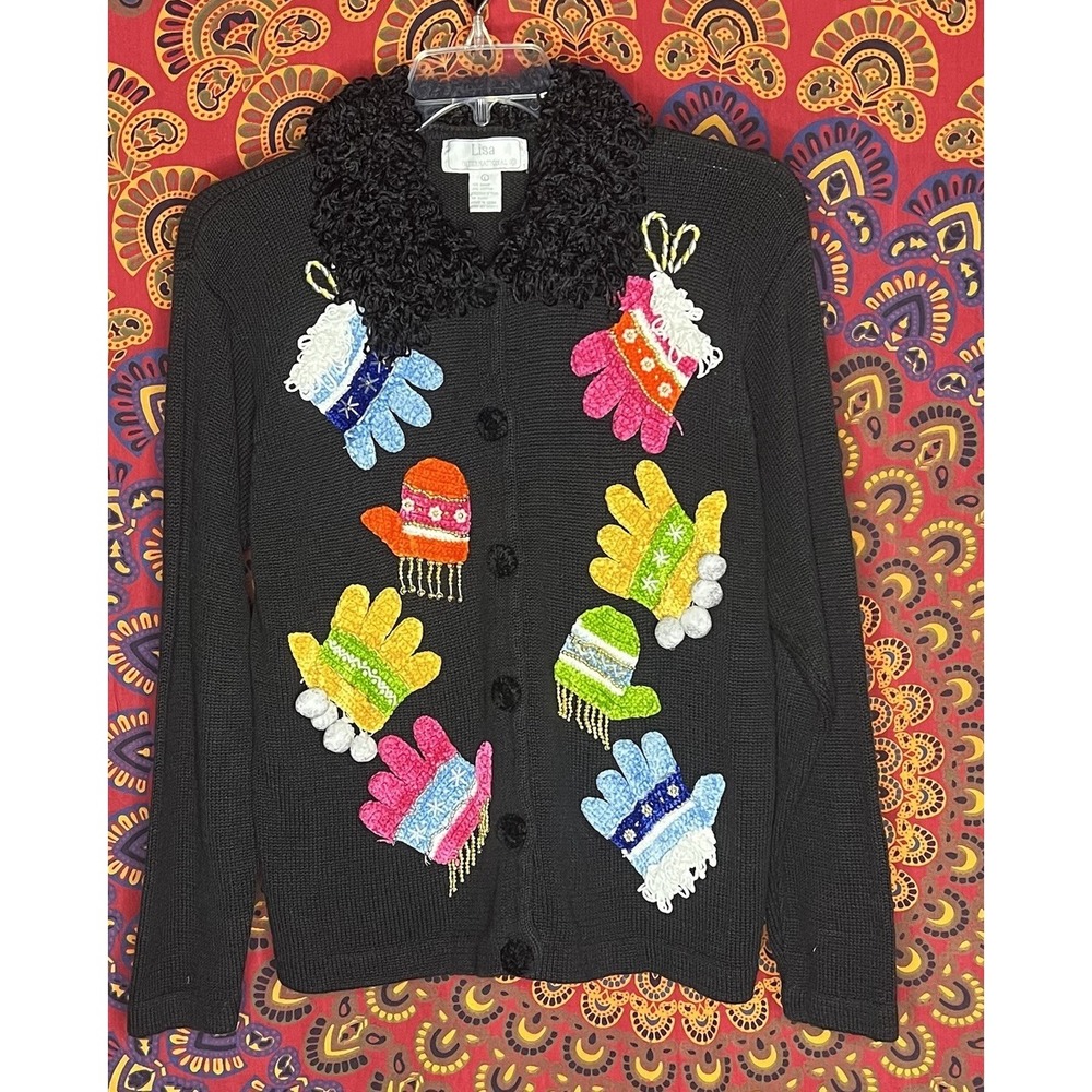 Lisa International sweater sz L Knit Christmas Mittens holiday novelty VTG Beads